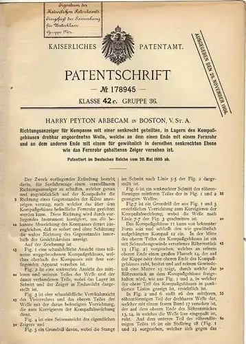 Original Patentschrift - H. Arbecam in Boston , 1905 , Richtungsanzeiger für Kompass , Compass !!!