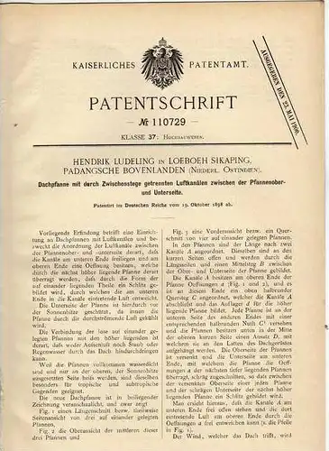 Original Patentschrift - H. Ludeling in Loeboeh Sikaping , Padangsche Bovenlanden , niederl. Indien , 1898 , Dachpfanne
