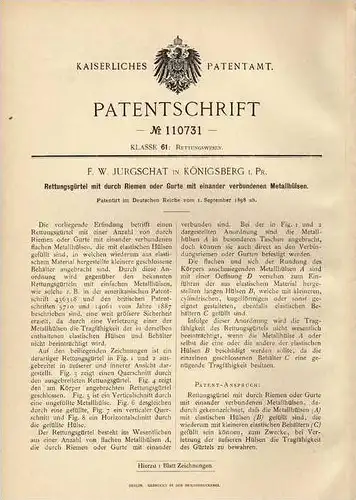 Original Patentschrift - F. Jurgschat in Königsberg i. Pr., 1898 , Gürtel zur Rettung , Rettungsgürtel !!!