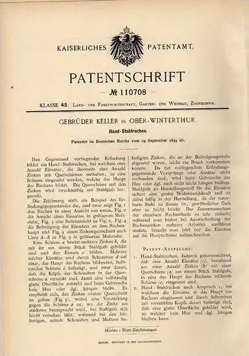 Original Patentschrift - Gebr. Keller in Ober - Winterthur , 1899 , Rechen , Stahlrechen , Landwirtschaft !!!