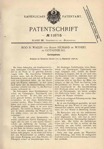 Original Patentschrift - Baron de Wendel in Gothenburg , 1898 , Patrone für Carbid !!!
