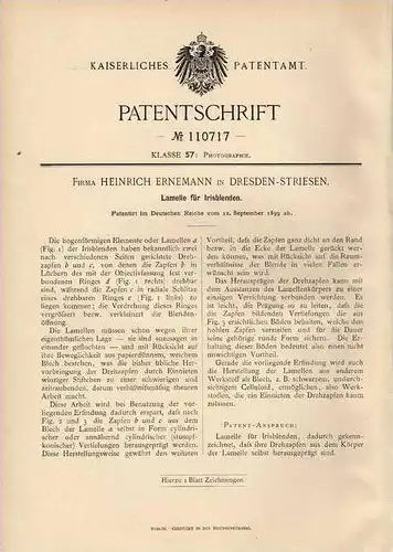 Original Patentschrift - Fa. H. Ernemann in Dresden - Striesen , 1899 , Lamelle für Irisblenden !!!
