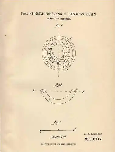 Original Patentschrift - Fa. H. Ernemann in Dresden - Striesen , 1899 , Lamelle für Irisblenden !!!