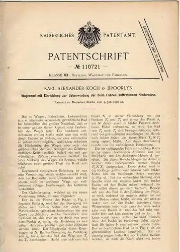 Original Patentschrift - Rad für Überwindung von Hindernissen , Automobile , 1898 , K. Koch in Brooklyn !!!