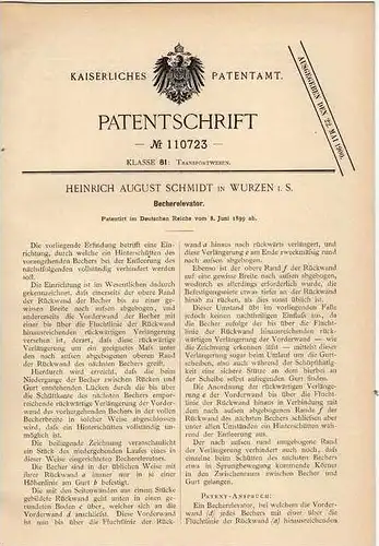 Original Patentschrift - H. Schmidt in Wurzen i.S., 1899 , Becherelevator !!!