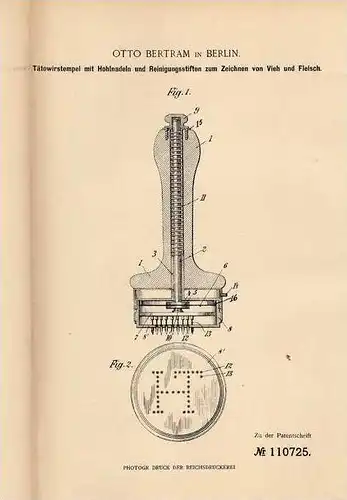 Original Patentschrift - O. Bertram in Berlin , 1898 , Stempel für Tätowierung , Tätowierer , Tätowieren !!!