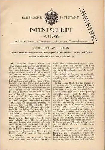 Original Patentschrift - O. Bertram in Berlin , 1898 , Stempel für Tätowierung , Tätowierer , Tätowieren !!!