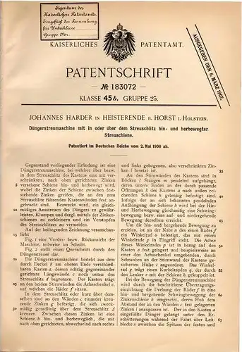 Original Patentschrift - J. Harder in Heisterende b. Horst i. Holstein , 1906 , Düngerstreumaschine , Dünger , Agrar !!!