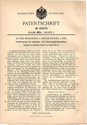 Original Patentschrift - A. Mehlhorn in Dietrichsdorf b. Kiel , 1906 , Ventilsteuerung für Motoren !!!