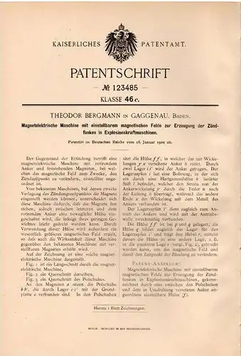 Original Patentschrift - T. Bergmann in Gaggenau , Baden ,1900, elektr. Maschine für Zündfunken bei Motoren , Zündspule