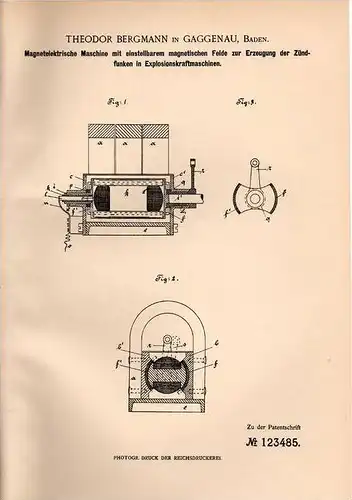 Original Patentschrift - T. Bergmann in Gaggenau , Baden ,1900, elektr. Maschine für Zündfunken bei Motoren , Zündspule