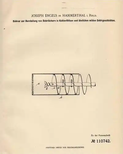 Original Patentschrift - J. Engels in Hammerthal i. Rhld., 1899 , Bohrer für Kohleflötze in Gebirgsschichten , Tagebau !