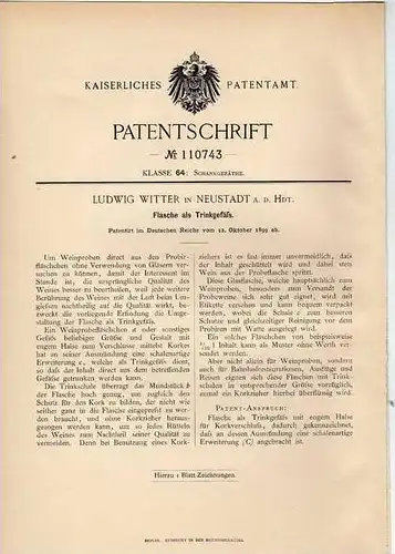 Original Patentschrift - L. Witter in Neustadt a.d. Hardt , 1899 , Flasche als Trinkgefäß für Wein , Weinproben !!!