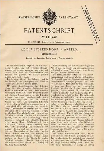 Original Patentschrift - A. Litzkendorf in Artern , 1899 , Schnitzelmesser , Messer !!!