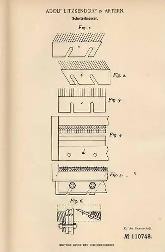 Original Patentschrift - A. Litzkendorf in Artern , 1899 , Schnitzelmesser , Messer !!!