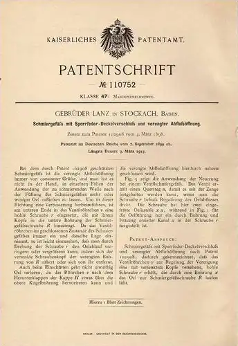 Original Patentschrift - Gebr. Lanz in Stockach , Baden , 1899 , Schmiegefäß mit Sperrfeder - Deckelverschluß für Oel !!