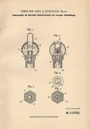 Original Patentschrift - Gebr. Lanz in Stockach , Baden , 1899 , Schmiegefäß mit Sperrfeder - Deckelverschluß für Oel !!