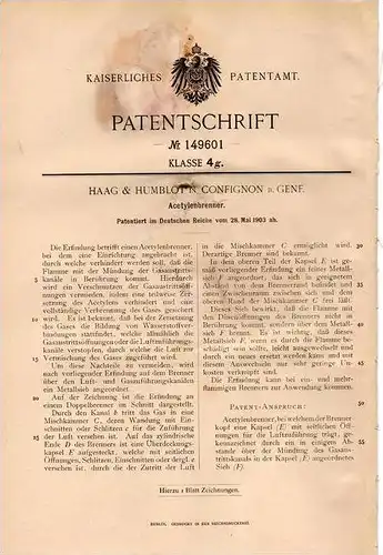 Original Patentschrift - Haag & Humblot in Confignon b. Genf , 1903 , Entwickler für Acetylen !!!