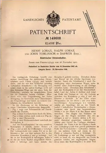 Original Patentschrift - H. Lomax in Darwen , England , 1902 , elektrischer Stromschalter !!!