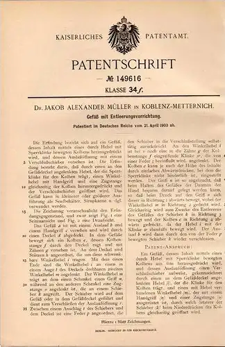 Original Patentschrift - Dr. J. Müller in Koblenz - Metternich , 1903 , Gefäß mit Entleerungsvorrichtung , Kanne !!!