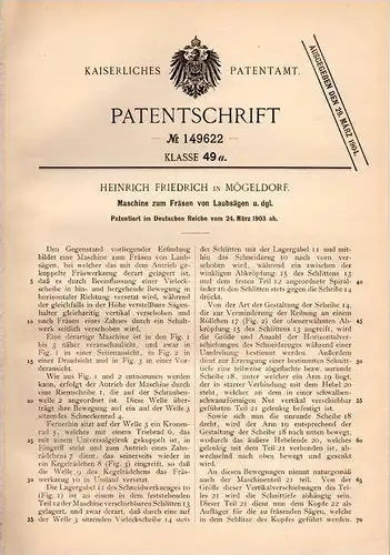 Original Patentschrift - H. Friedrich in Mögeldorf , 1903 , Fräsmaschine für Laubsägen , Säge , Fräse !!!