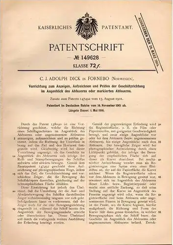 Original Patentschrift - C. Dick in Fornebo , Norwegen , 1901 , Prüfapparat für Geschütz , Kanone !!!