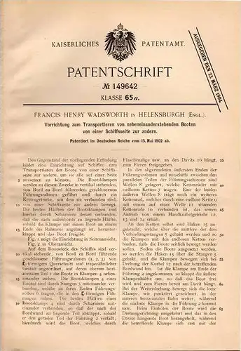 Original Patentschrift - F. Wadsworth in Helensburgh , 1902 , Transportapparat für Schiffe , Boote !!!