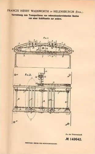 Original Patentschrift - F. Wadsworth in Helensburgh , 1902 , Transportapparat für Schiffe , Boote !!!