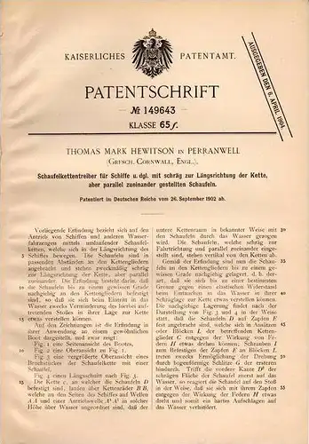 Original Patentschrift - T. Hewiston in Perranwell , 1902 , Schaufelkettentreiber für Schiffe , Schiff !!!