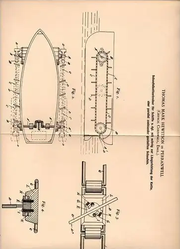 Original Patentschrift - T. Hewiston in Perranwell , 1902 , Schaufelkettentreiber für Schiffe , Schiff !!!