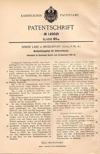 Original Patentschrift - Beobachtungsdom für Unterseeboot , U-Boot , 1902 , S. Lake in Bridgeport , USA !!!