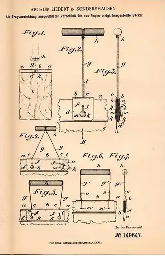 Original Patentschrift - A. Liebert in Sondershausen , 1903 , Säcke aus Papier , Tragvorrichtung !!!