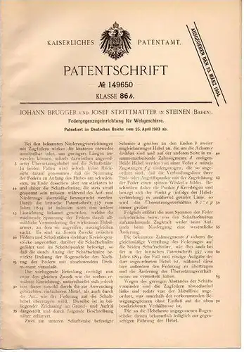 Original Patentschrift - J. Strittmatter in Steinen , Baden , 1903 , Einrichtung für Webgeschirr , Webstuhl , Weberei !!