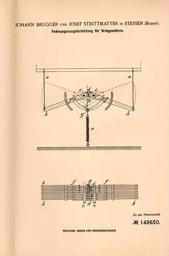 Original Patentschrift - J. Strittmatter in Steinen , Baden , 1903 , Einrichtung für Webgeschirr , Webstuhl , Weberei !!