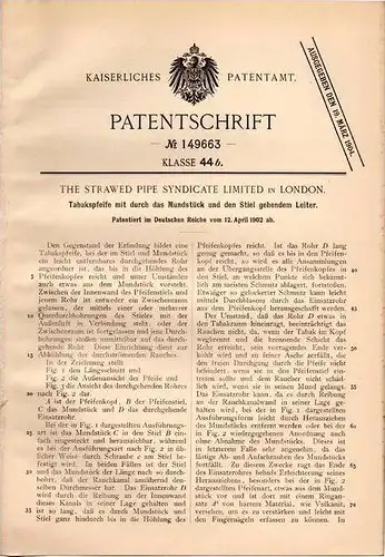 Original Patentschrift - The Strawed Pipe Synd. Ltd. in London , 1902 , Tabakspfeife , Pfeife , Tabak !!!