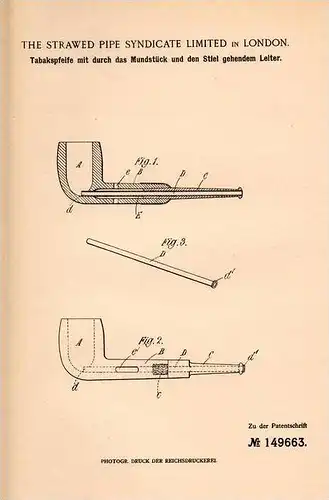 Original Patentschrift - The Strawed Pipe Synd. Ltd. in London , 1902 , Tabakspfeife , Pfeife , Tabak !!!