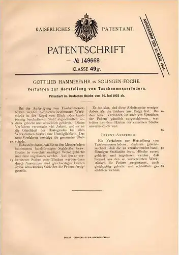 Original Patentschrift - G. Hammesfahr in Solingen - Foche , 1903 , Taschenmesser , Federn , Messer !!!
