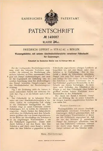 Original Patentschrift - F. Lippert in Stralau b. Berlin , 1903 , wassergekühlter Gaserzeuger !!!