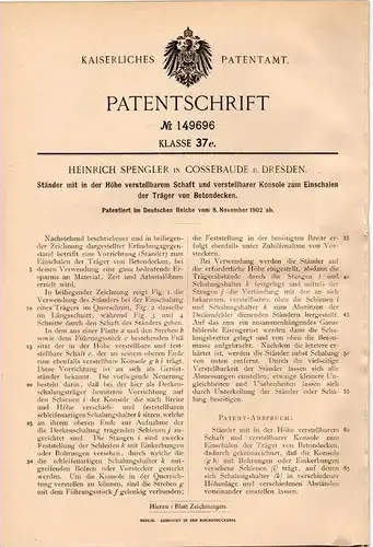 Original Patentschrift - H. Spengler in Cossebaude b. Dresden , 1902 , Einschalen von Betondecken , Beton , Hausbau !!!