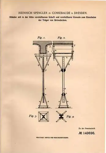 Original Patentschrift - H. Spengler in Cossebaude b. Dresden , 1902 , Einschalen von Betondecken , Beton , Hausbau !!!