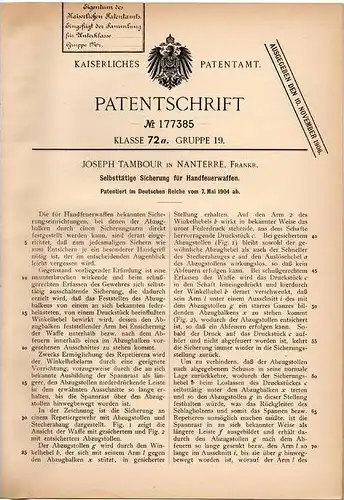 Original Patentschrift - J. Tambour in Nanterre , 1904 , Sicherung für Waffen , Pistole , Revolver , Gewehr !!!