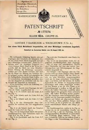 Original Patentschrift - G. Danielson in Youngstown , 1905 , Zugscheit aus Metallblech !!!