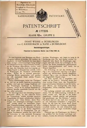 Original Patentschrift - E. Weiss in Düdelingen und Rath , 1904 , Gasreiniger für Hochofen !!!