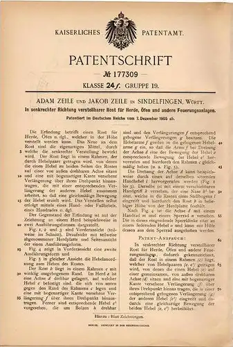 Original Patentschrift - A. Zeile in Sindelfingen , Württ., 1905 , Rost für Herde, Öfen und Feuerungsanlagen !!!