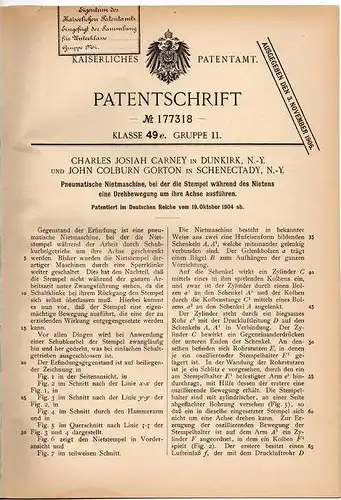 Original Patentschrift - Ch. Carney in Dunkirk und Schenectady , 1904 , pneumatische Nietmaschine !!!