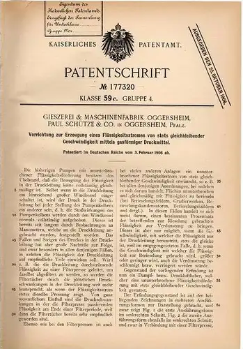 Original Patentschrift - Gießerei & Maschinenfabrik in Oggersheim , Pfalz , 1906 , Erzeugung von Flüssigkeitsstrom !!!