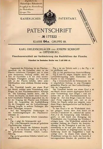 Original Patentschrift - J. Schroff in Offenburg , 1904 , Flaschenverschluß , Flasche !!!