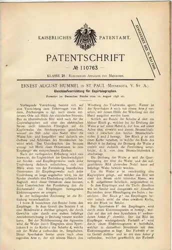Original Patentschrift - E. Hummel in St. Paul , USA , 1898 , Telegraph , Copiertelegraph , telegraphy !!!