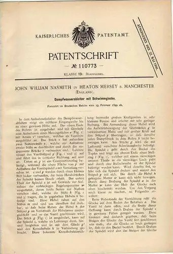 Original Patentschrift - J. Nasmith in Heaton Mersey b. Manchester , 1899 , Dampfableiter mit Schwimmglocke !!!