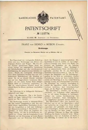 Original Patentschrift - F. von Demkó in Módos , Ungarn , 1898 , Straßenegge , Egge , Agrar !!!